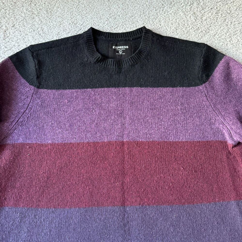 Express Sweater Mens Large Purple Black Colorblock Pullover Lambs Wool Holiday‎